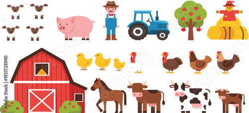 Farm Life Cartoon Vector Set with Barn Tractor Farmer Animals Poultry Livestock and Orchard Elements Collection