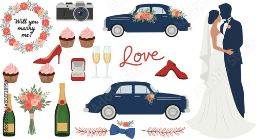 Romantic Wedding Elements Set with Bride and Groom, Vintage Car, Champagne and Floral Decorations Vector Illustration