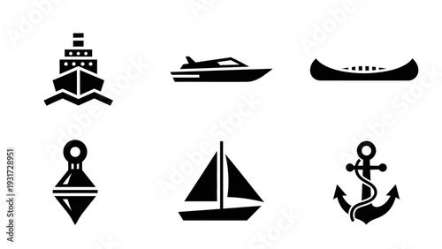 Nautical Icons: Ship, Yacht, Canoe, Buoy, Sailboat, Anchor - Set of Marine Transport Symbols
