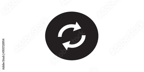 Minimal flat vector badge, small solid black circular background with simple white return arrows icon, clean monochrome design, isolated on white background.