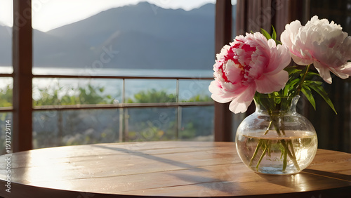 Pink Peonies in Glass Vase with Natural Light and Mountain View
