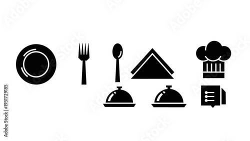 Restaurant Service Icons: Plate, Fork, Spoon, Napkin, Cloche, Chef Hat, Menu