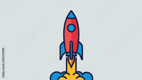 Red Rocket Launching into Space with Fiery Exhaust and Blue Fins
