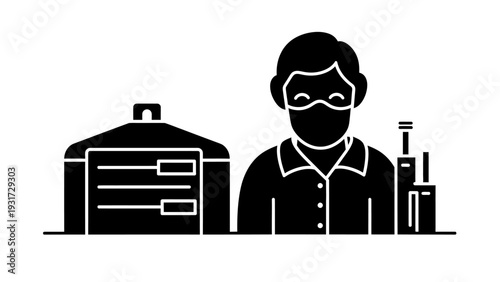 Scientist in Mask with Lab Equipment and Industrial Building Icon