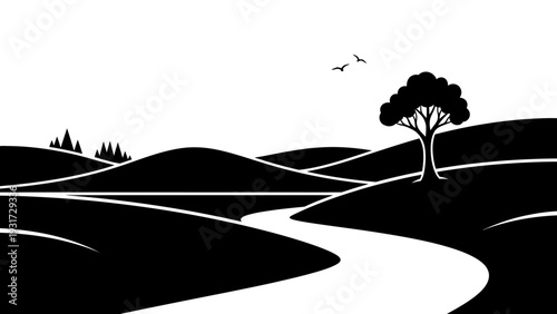 Serene Countryside Landscape with Winding River and Lone Tree