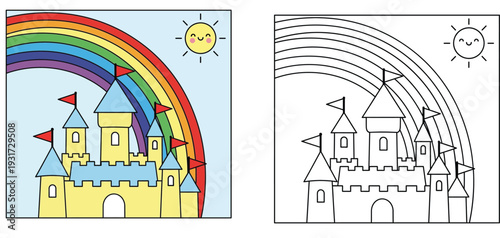 Cute fairy tale castle with rainbow and smiling sun coloring page for kids. Vector illustration showing colored example and black and white outline template.