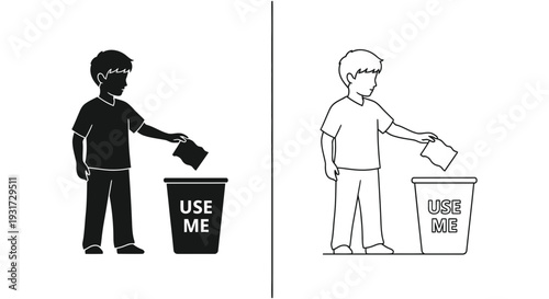 A young child responsibly disposing of waste into a 'USE ME' bin, promoting recycling and environmental education.