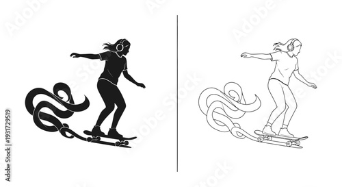 A spirited girl on a skateboard with dramatic swirling ribbons, emphasizing speed, fluidity, and youthful adventure.