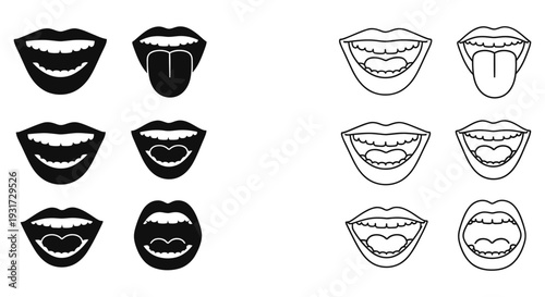 A comprehensive set of various human mouth expressions, conveying emotions, speech, and dental health or fun.