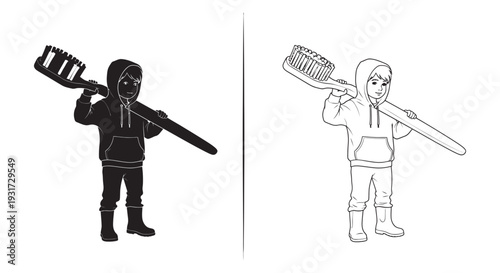 A young boy carrying a giant toothbrush over his shoulder, humorously promoting dental health and oral hygiene education.