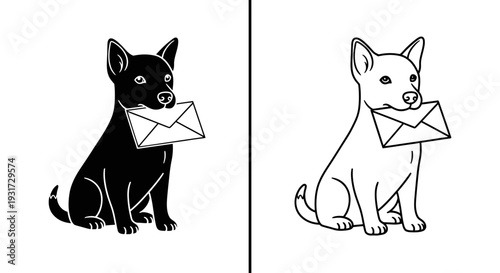 A charming black and white illustration of a sitting dog faithfully delivering a mail envelope.
