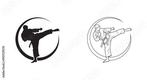A dynamic black and white illustration depicting a martial artist executing a powerful high kick within a circular frame.