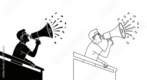 A person stands on a balcony loudly addressing a crowd with a megaphone, radiating energy and excitement.