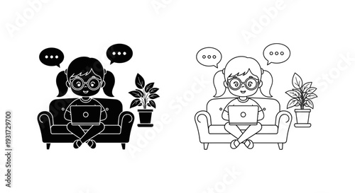 A cute girl with pigtails and glasses sits comfortably on a sofa, engaged with her laptop and virtual communication.