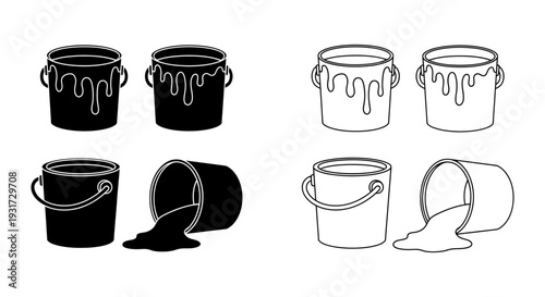 Various paint cans, some full and some spilled, creatively depict concepts of home renovation and artistic projects.