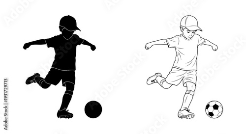 A young boy wearing a cap is actively kicking a soccer ball, showcasing childhood sports and athleticism.