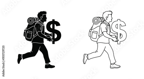A person wearing a backpack is running energetically while carrying a prominent United States Dollar symbol.