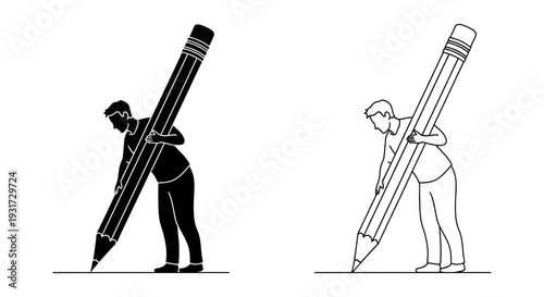 A person is diligently holding and using an oversized pencil to write or draw, emphasizing creativity and education.