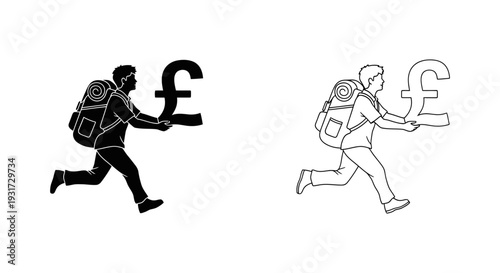 A energetic traveler wearing a backpack is shown running briskly while holding a large British Pound symbol.