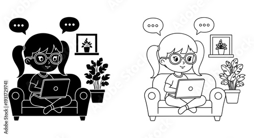 A charming girl with pigtails and glasses is comfortably sitting on a sofa, deeply engrossed in her laptop.