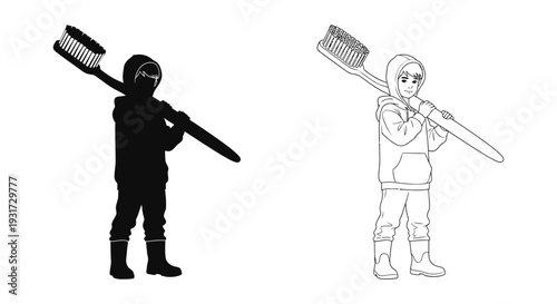 A small child carries an oversized toothbrush on their shoulder, symbolizing dental hygiene.