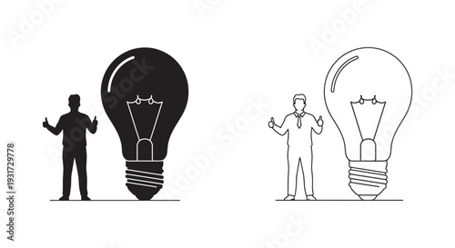 A man stands proudly next to a massive light bulb, symbolizing a groundbreaking new idea.