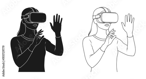 A woman wearing a virtual reality headset interacts with the digital environment using her hands.