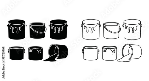 A collection of paint cans, some open with dripping paint, representing renovation, art, and home improvement.