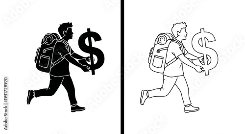 A man wearing a backpack is actively running while carrying a large dollar sign, symbolizing financial pursuit.