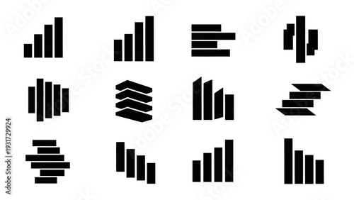 Set of Black Bar Chart Icons Representing Growth and Data Analysis