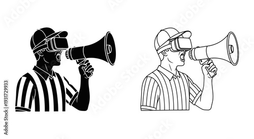 A referee wearing a virtual reality headset and shouting through a megaphone.