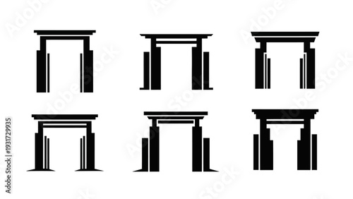 Set of Black Archways and Gateways Icons, Minimalist Entrance Symbols