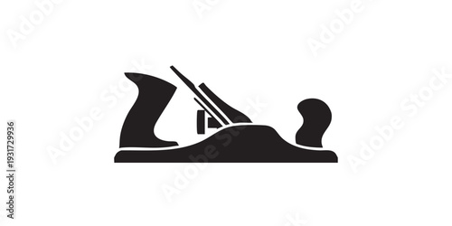 Minimal flat vector icon of a wood smoothing hand plane tool, solid black monochrome silhouette, clean simple design, isolated on white background.