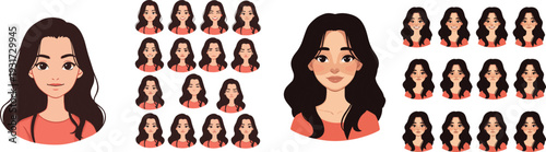 Female character illustration comparison with cartoon and anime styles, expressive portrait grids showing emotions, versatile design pack for avatars, comics, animation, and creative projects