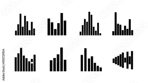 Set of Black Bar Graphs and Sound Waveforms Icons on White Background
