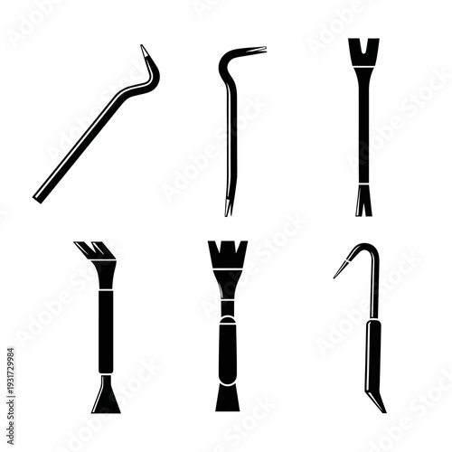 Set of Black Crowbar Icons and Silhouettes on White Background