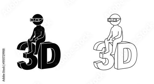 A stick figure wearing VR goggles sits atop large "3D" text, representing virtual reality and modern technology.