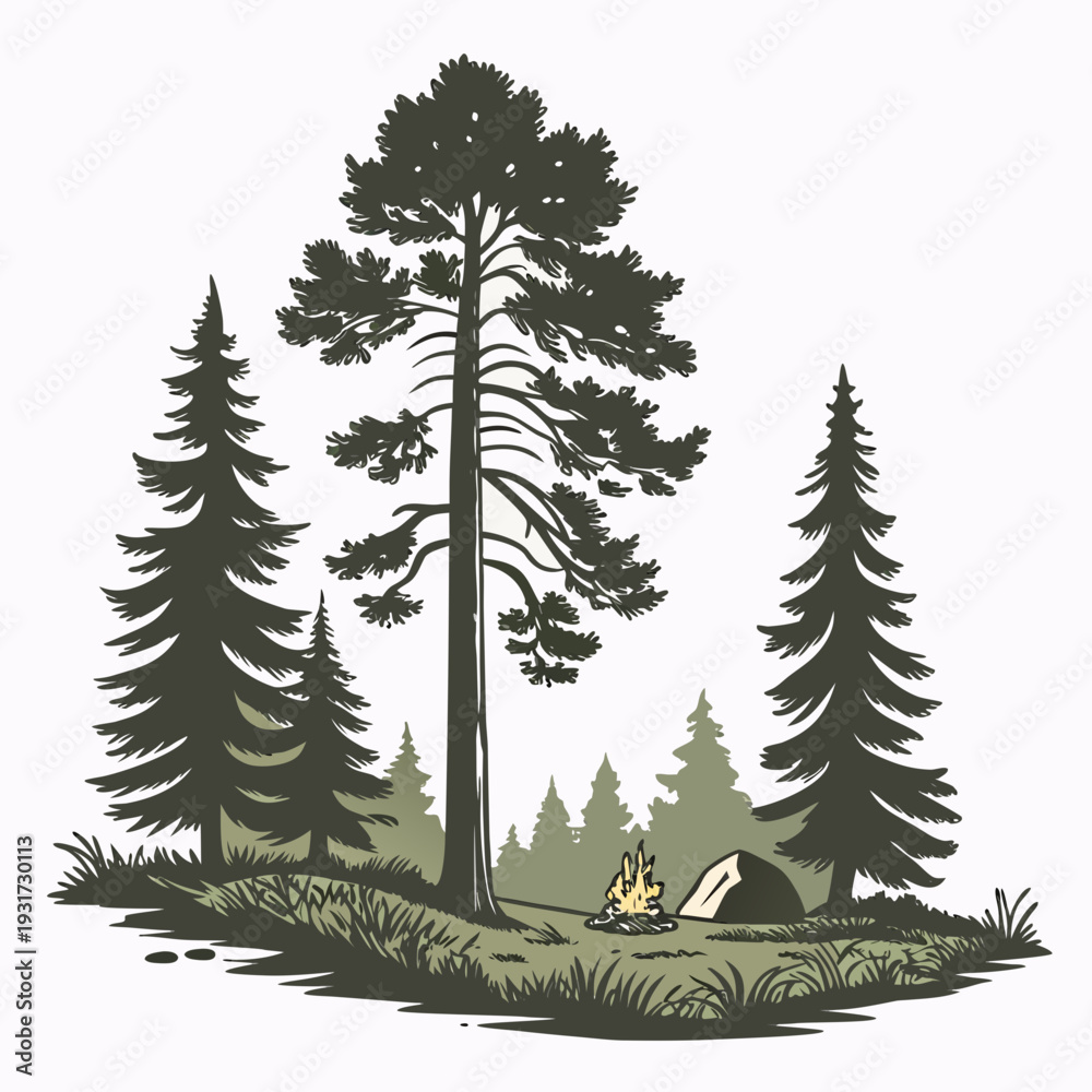 Obraz premium Summer Wilderness Campfire Scene with Pine Trees on White Background 