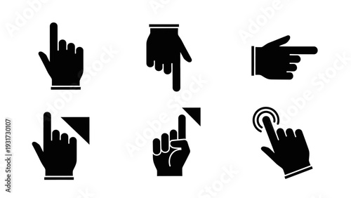 Set of Black Hand Cursor Icons Pointing and Clicking on White Background