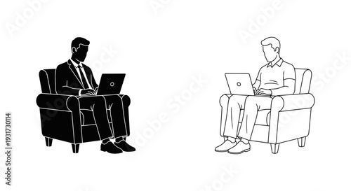 A focused man sits comfortably in an armchair, diligently working on his laptop computer.