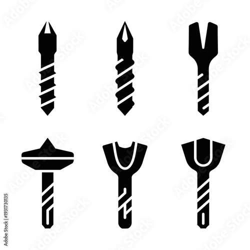 Set of Black Icons: Drill Bits, Screws, and Woodworking Tools