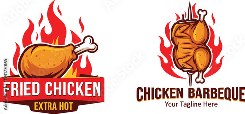 Fried Chicken and Chicken Barbecue Logo Vector Set with Spicy Hot Flames Fast Food Branding Design