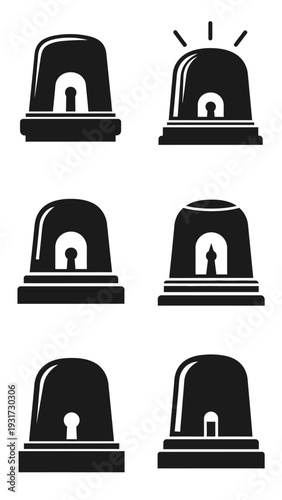 Set of Black Siren Light Icons: Warning, Alarm, Emergency, Alert, Signal, Beacon, Flashing Light