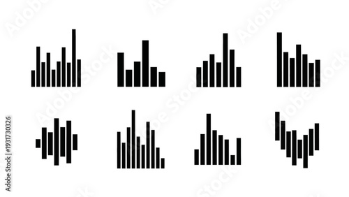 Set of Black Sound Waveforms and Equalizer Icons on White Background