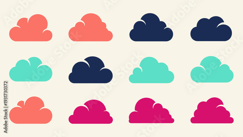 Set of Colorful Cloud Icons on Beige Background, Vector Illustrations