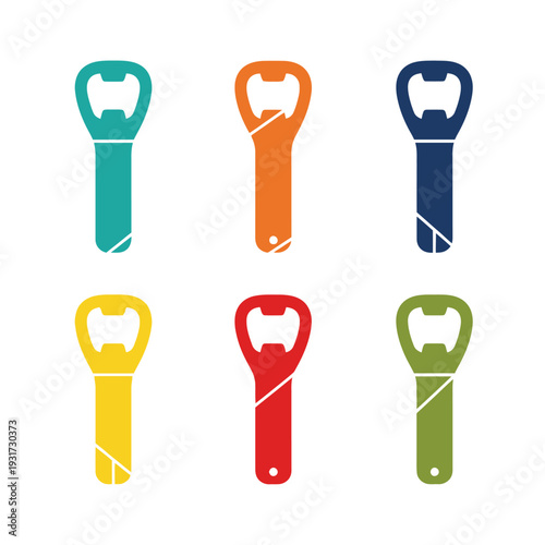 Set of colorful bottle openers isolated on white background, top view