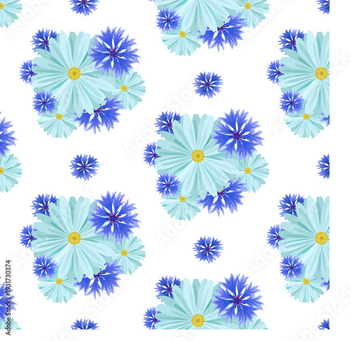 seamless background with light blue daisies and blue, lilac cornflowers and green leaves on a white background.