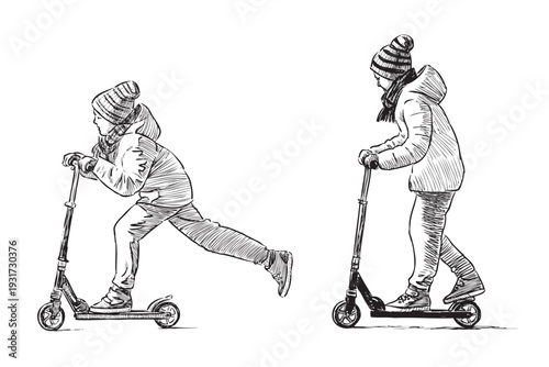 Two school children riding scooters, side view, realistic sketch, vector hand drawn illustration