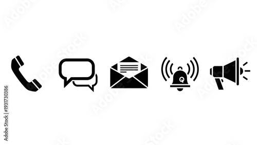 Set of communication icons: phone, chat, email, notification, megaphone on white background