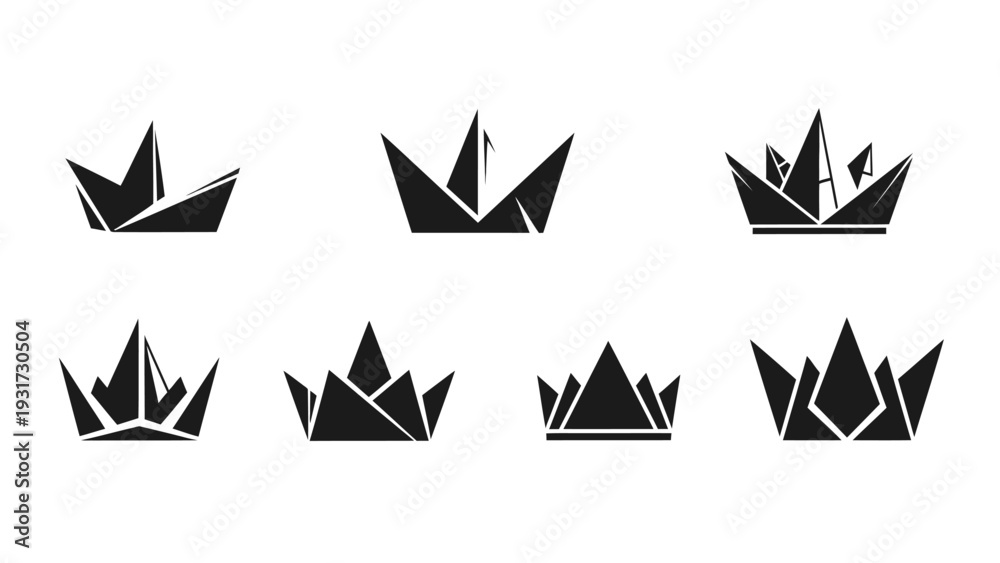 Obraz premium Set of Geometric Origami Crown Icons, Minimalist Black and White Royal Symbols